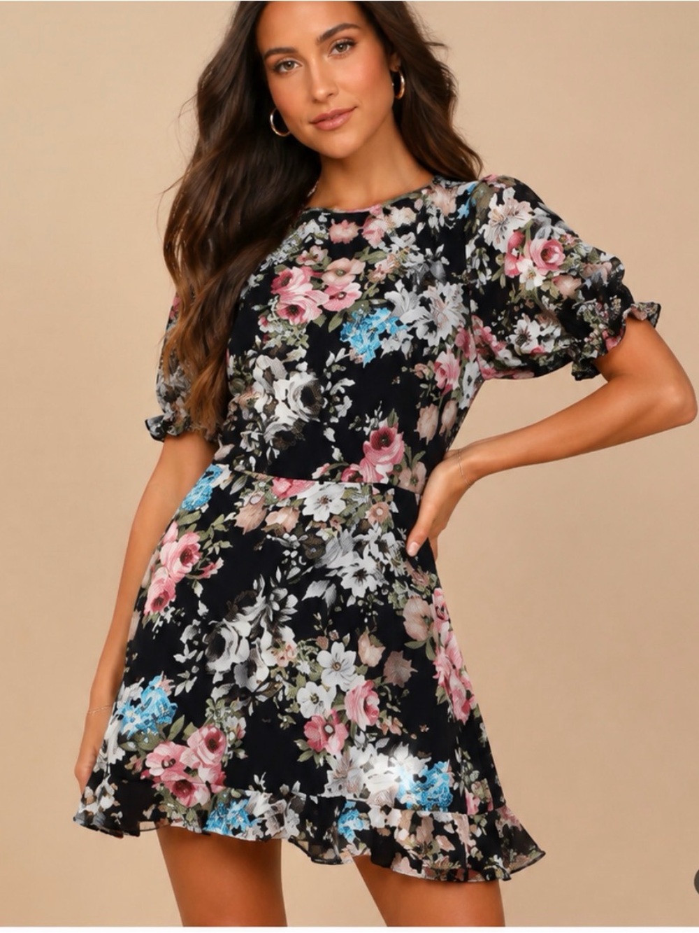 Lulu's Black Floral Puff-Sleeve Mini Dress with Pink, Blue & White Flowers
